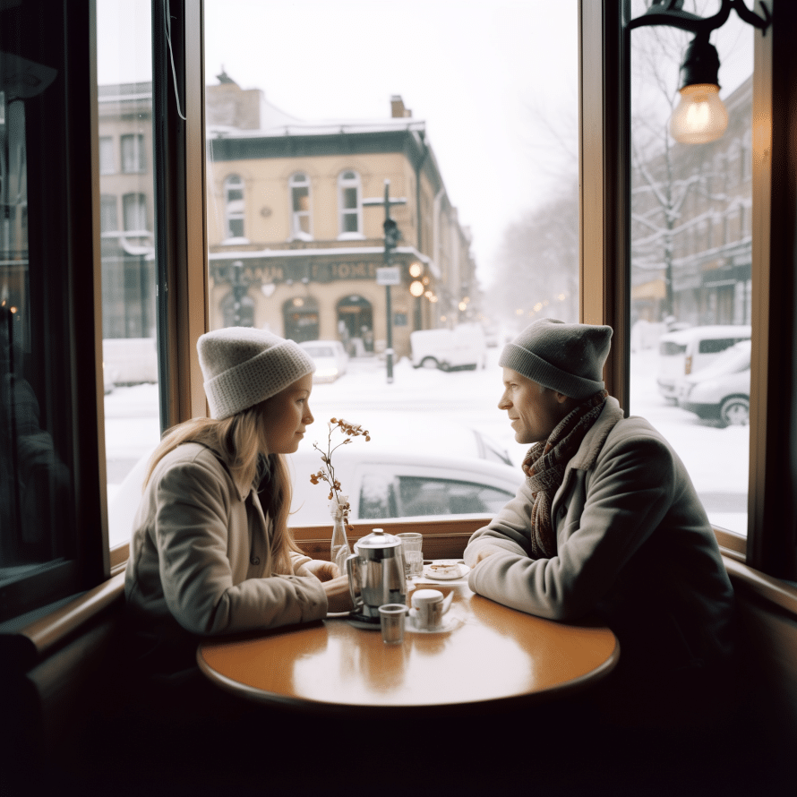 Genre foto, man och kvinna på cafe.